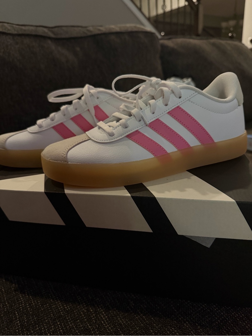 adidas White Sneakers with Pink Stripes and Gum Sole - Never worn